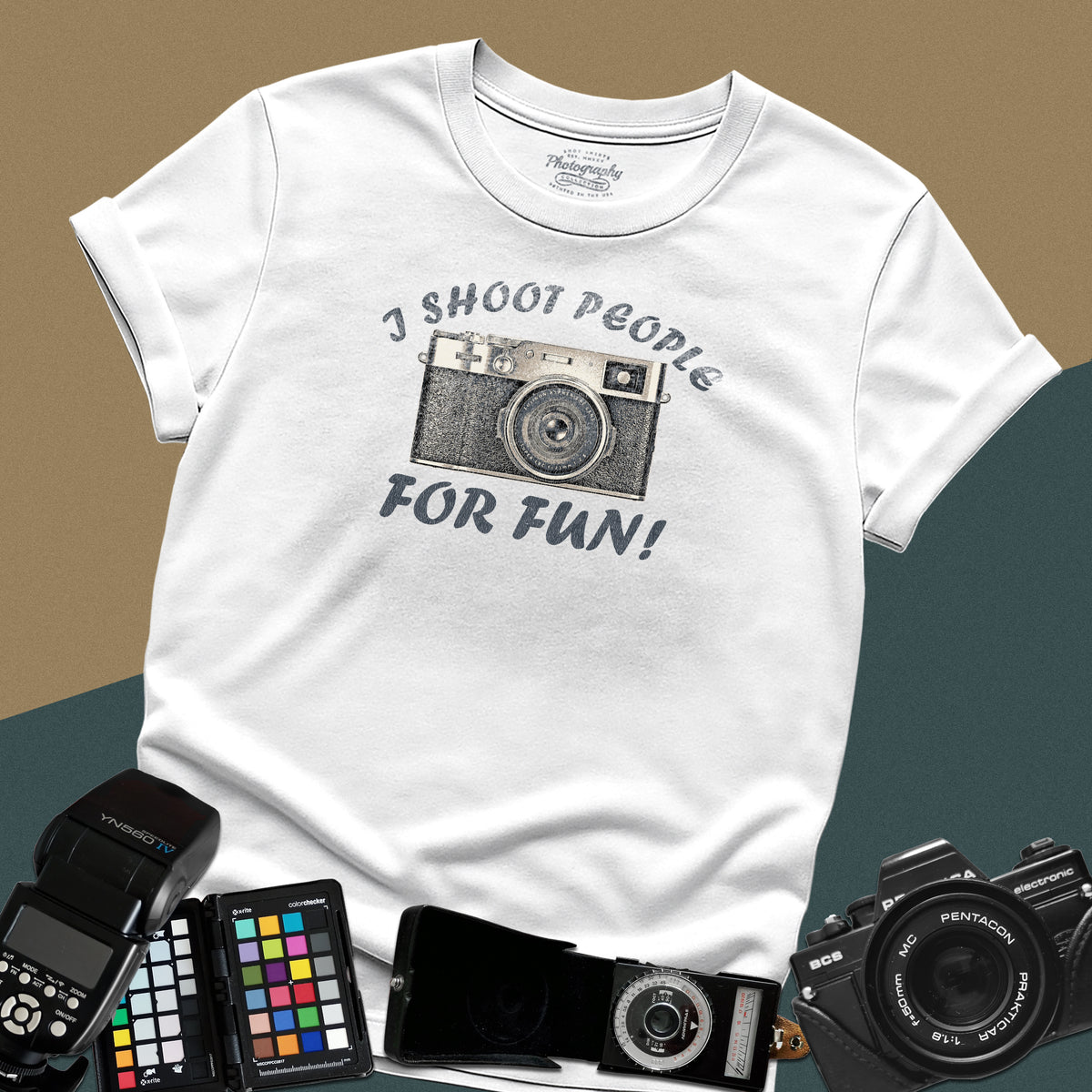 Distressed white t-shirt featuring a vintage camera illustration with arched text I Shoot People For Fun for professional street photographers.