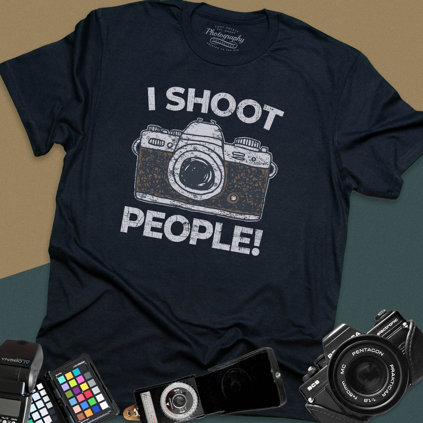 Distressed black t-shirt featuring a vintage SLR camera graphic with bold text I Shoot People for professional portrait and street photographers.