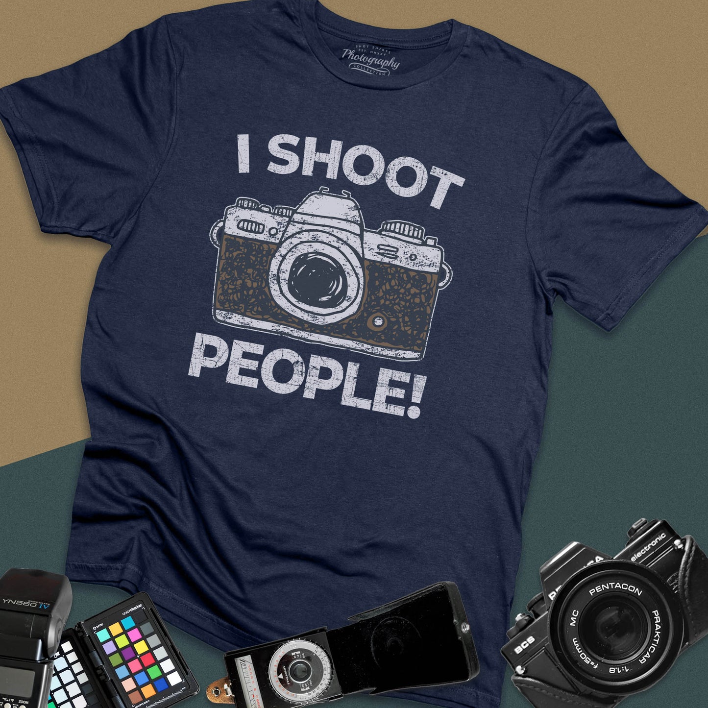 Distressed navy-blue t-shirt featuring a vintage SLR camera graphic with bold text I Shoot People for professional portrait and street photographers.
