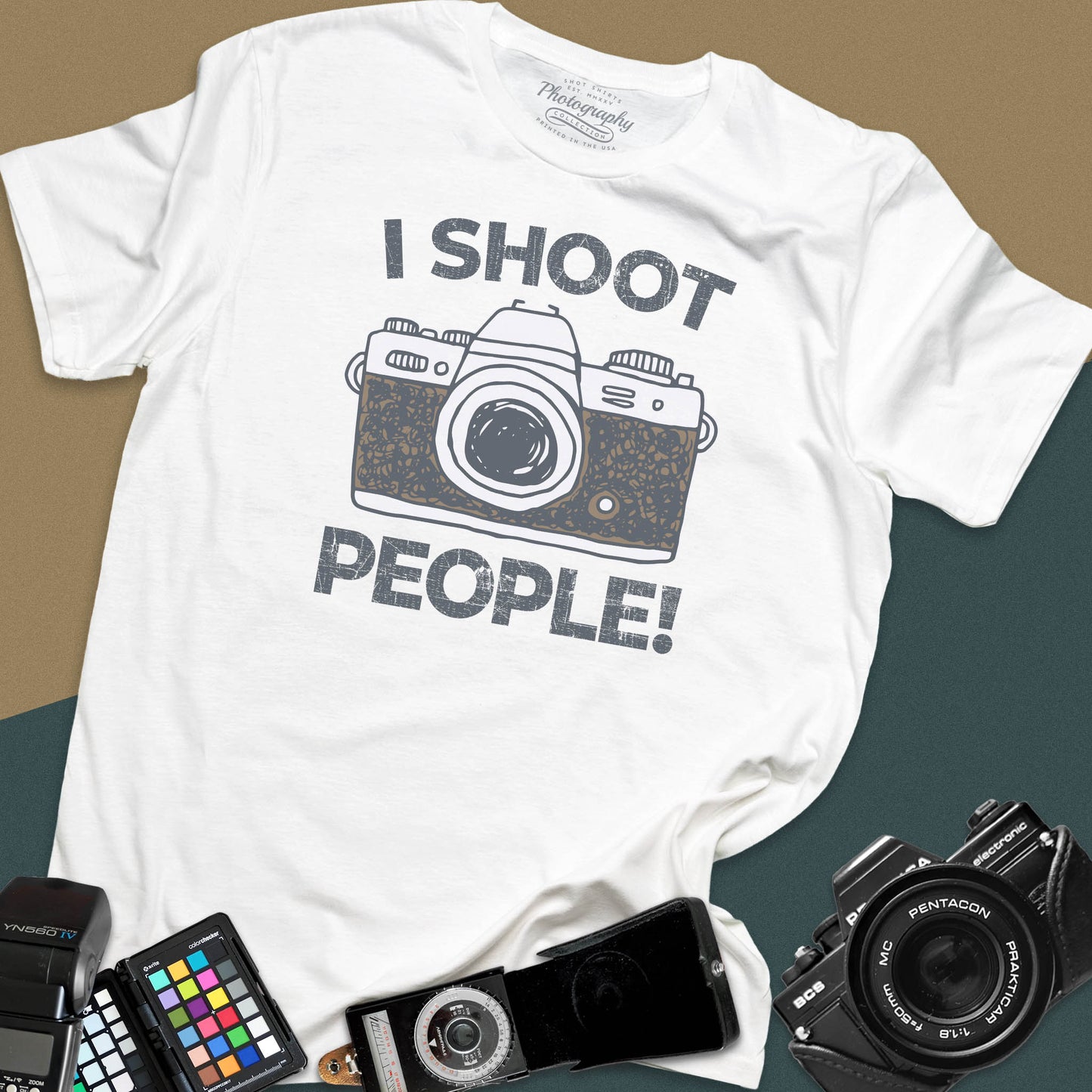 Distressed white t-shirt featuring a vintage SLR camera graphic with bold text I Shoot People for professional portrait and street photographers.