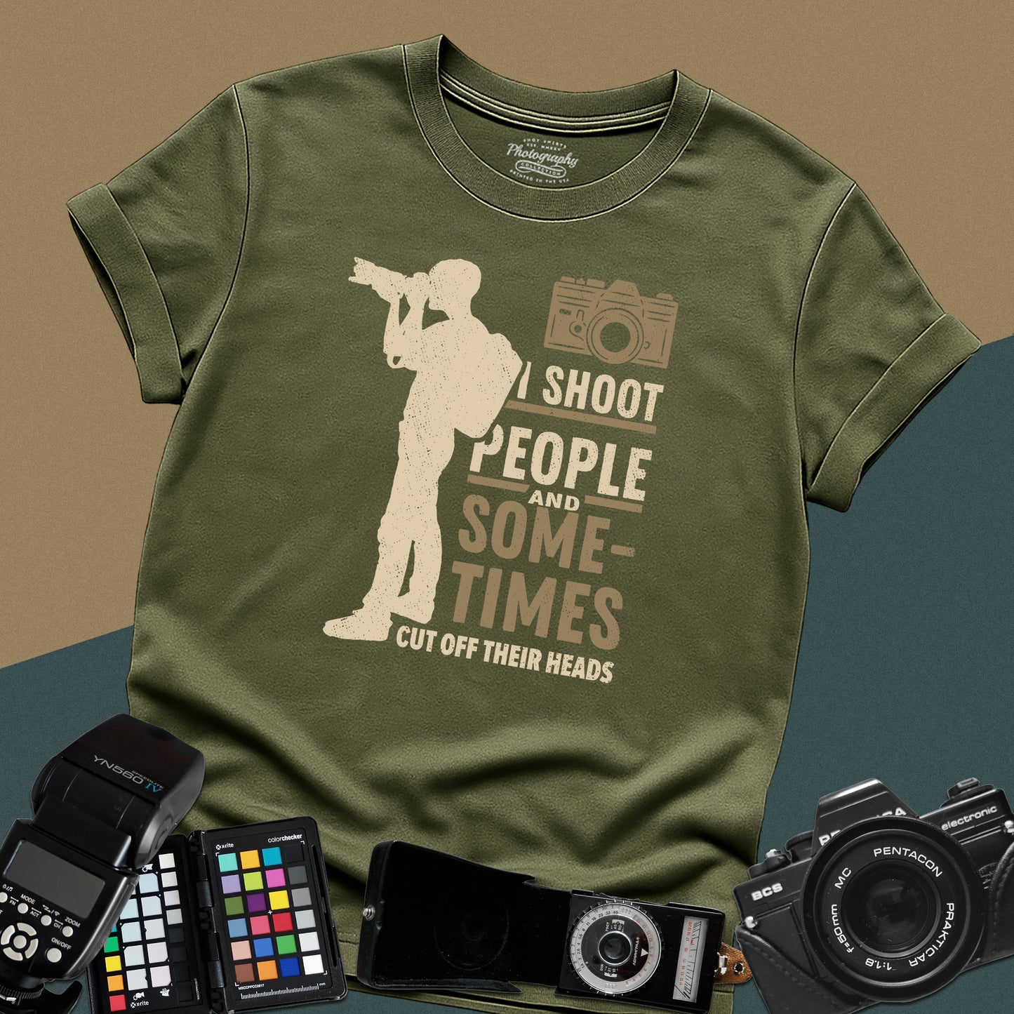 Graphic military green t-shirt featuring a full-body silhouette of a photographer with a backpack and telephoto lens next to the text "I shoot people".