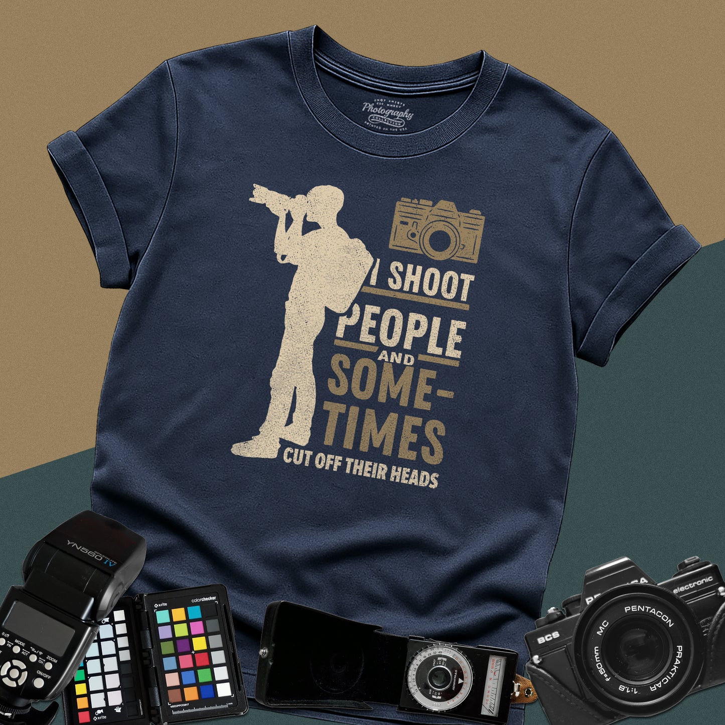 Graphic navy blue t-shirt featuring a full-body silhouette of a photographer with a backpack and telephoto lens next to the text "I shoot people".