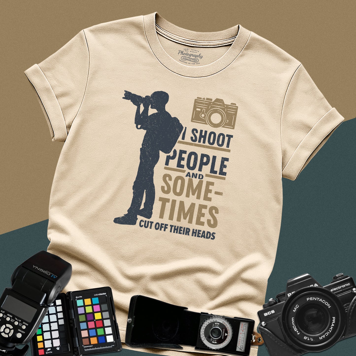 Graphic sand t-shirt featuring a full-body silhouette of a photographer with a backpack and telephoto lens next to the text "I shoot people".