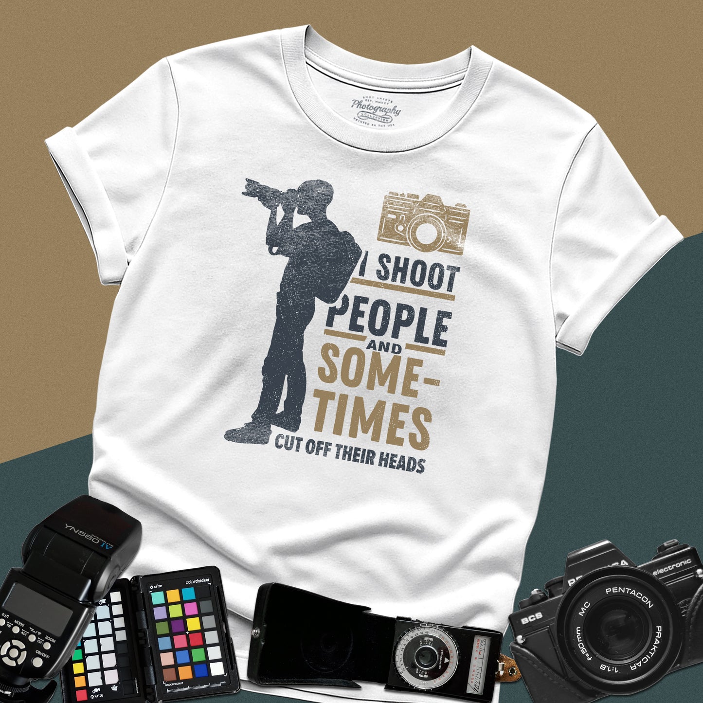Graphic white t-shirt featuring a full-body silhouette of a photographer with a backpack and telephoto lens next to the text "I shoot people".