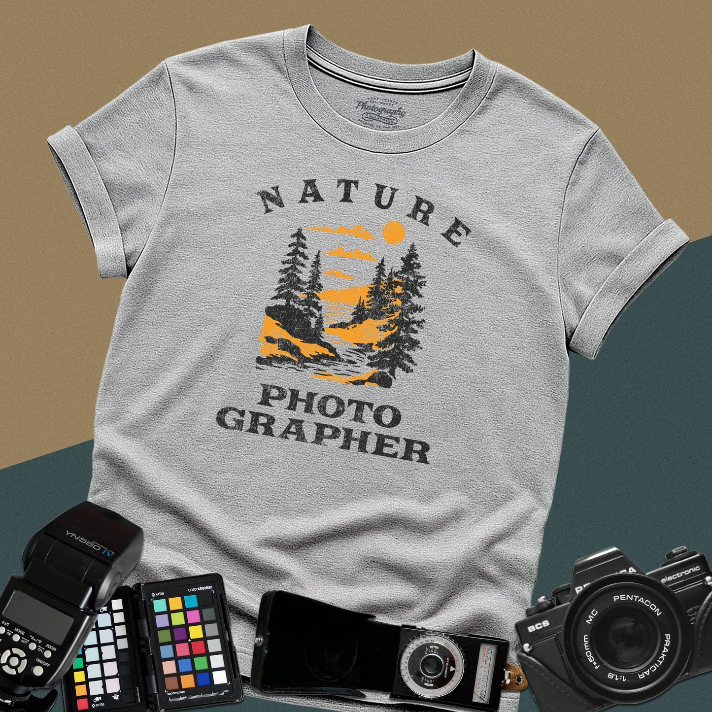 Vintage sport-grey graphic t-shirt featuring a mountain lake landscape with pine trees and the text "Nature Photographer" for landscape shooters.