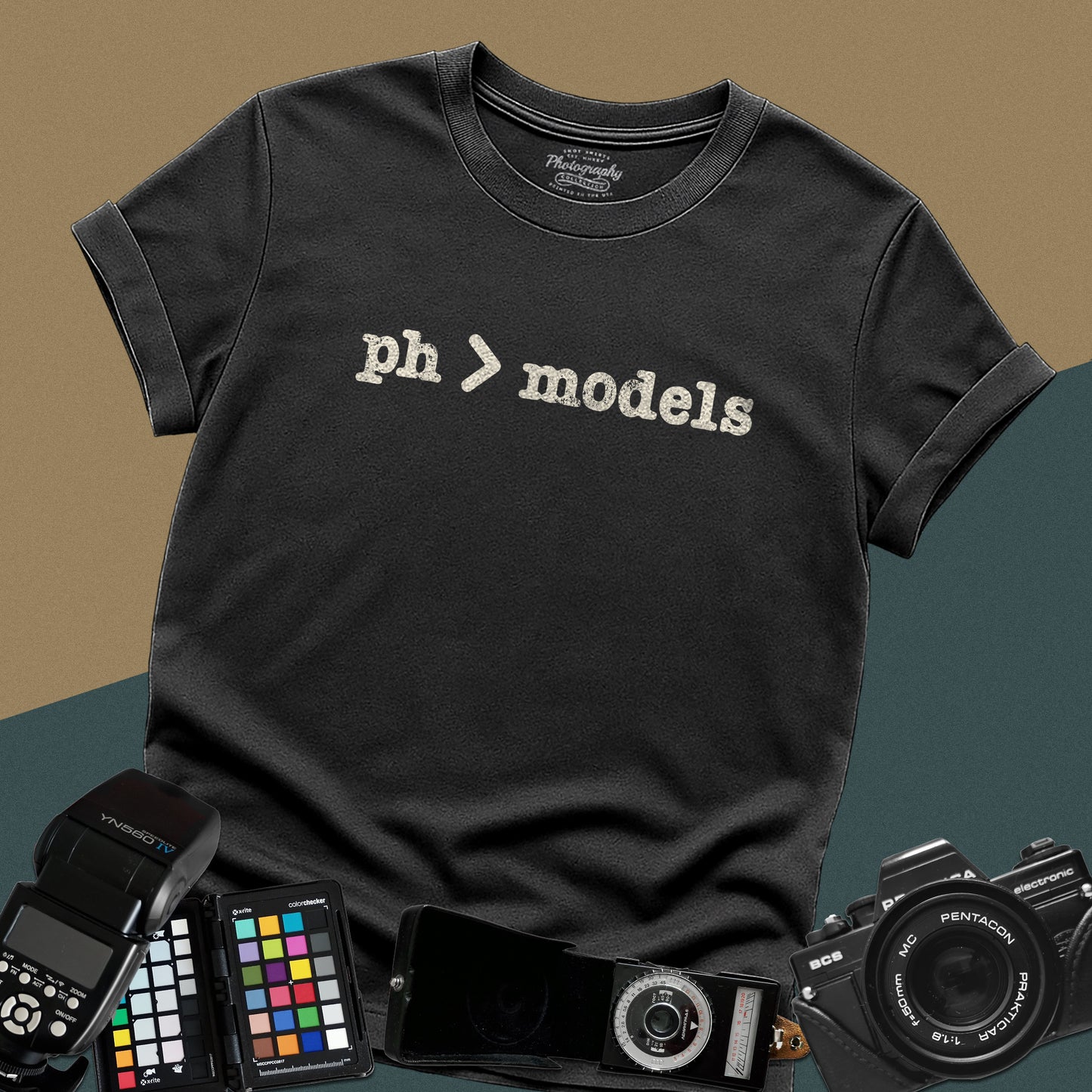Graphic black t-shirt with the text "ph > models" for fashion and portrait photographers.