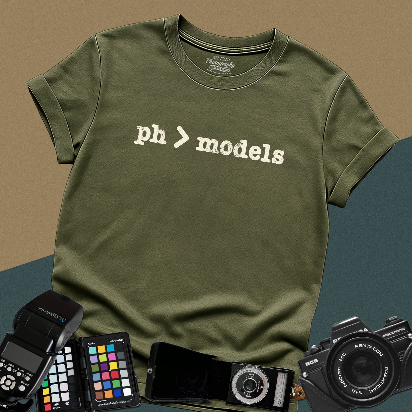 Graphic military green t-shirt with the text "ph > models" for fashion and portrait photographers.