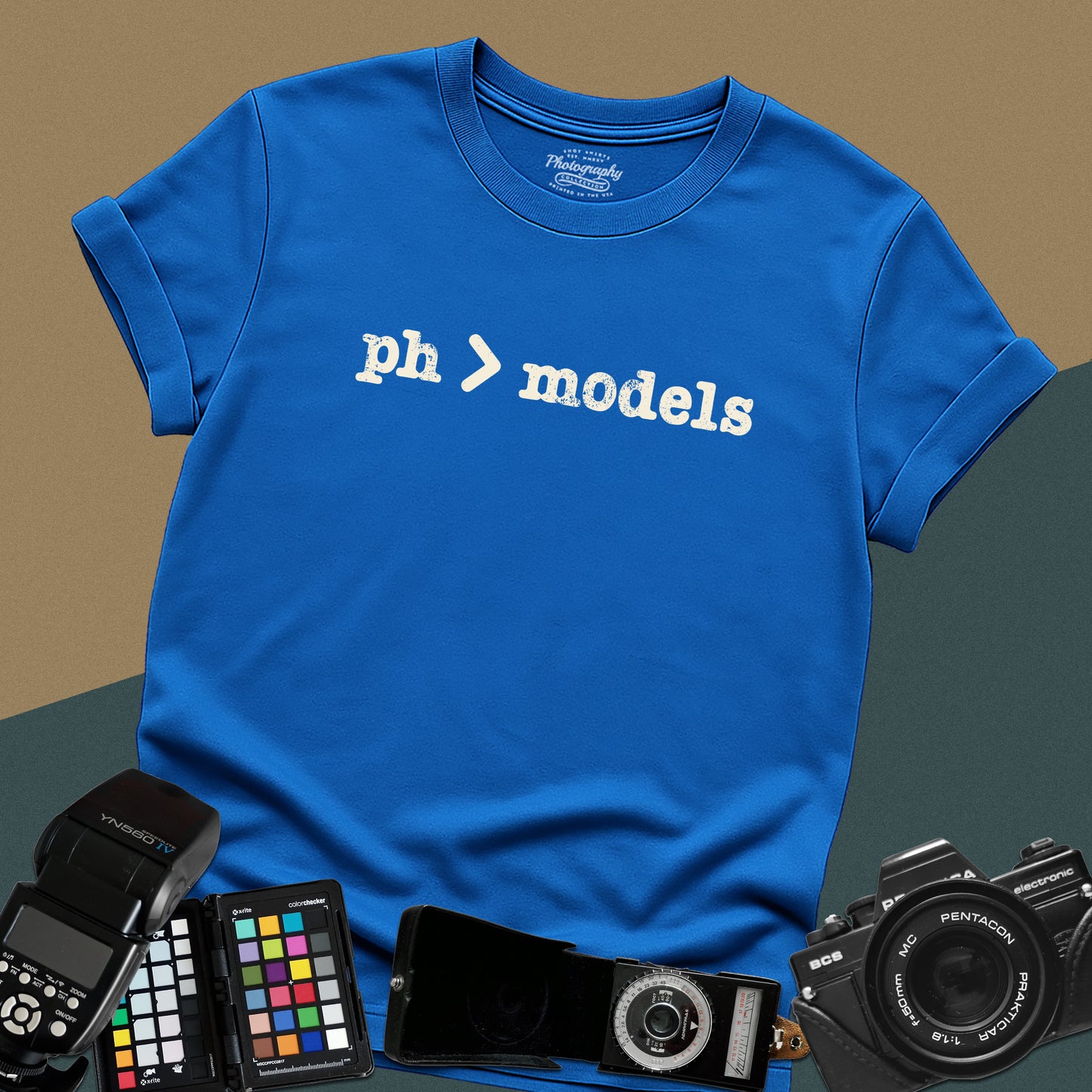 Graphic royal blue t-shirt with the text "ph > models" for fashion and portrait photographers.
