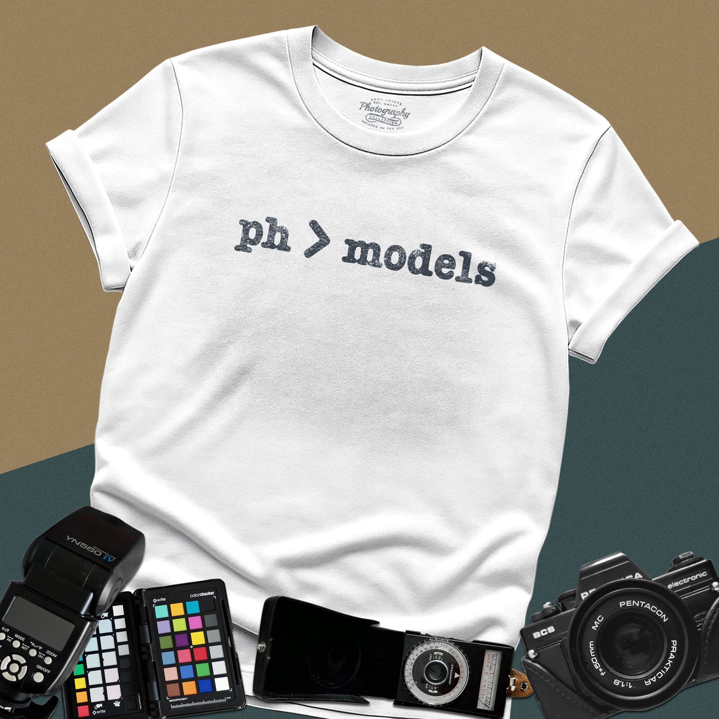 Graphic white t-shirt with the text "ph > models" for fashion and portrait photographers.