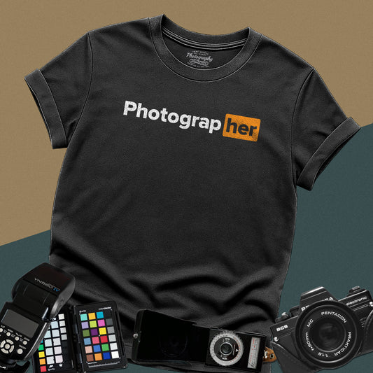 Distressed black t-shirt featuring a funny photographer typography wordplay parody inspired by a popular mature website logo layout.