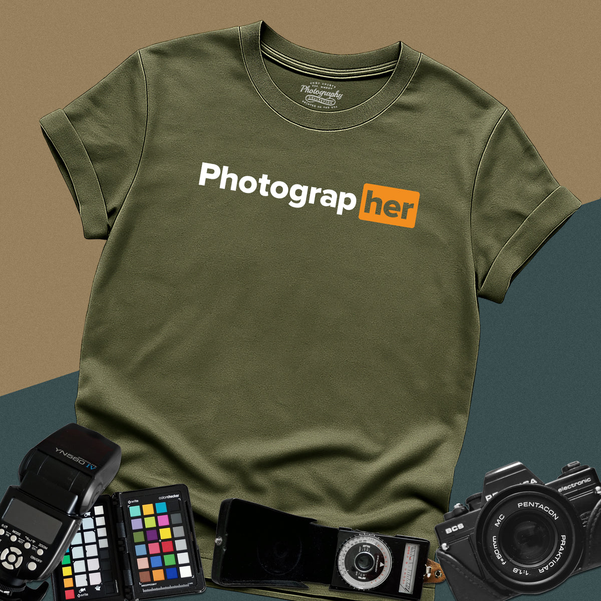 Distressed military-green t-shirt featuring a funny photographer typography wordplay parody inspired by a popular mature website logo layout.