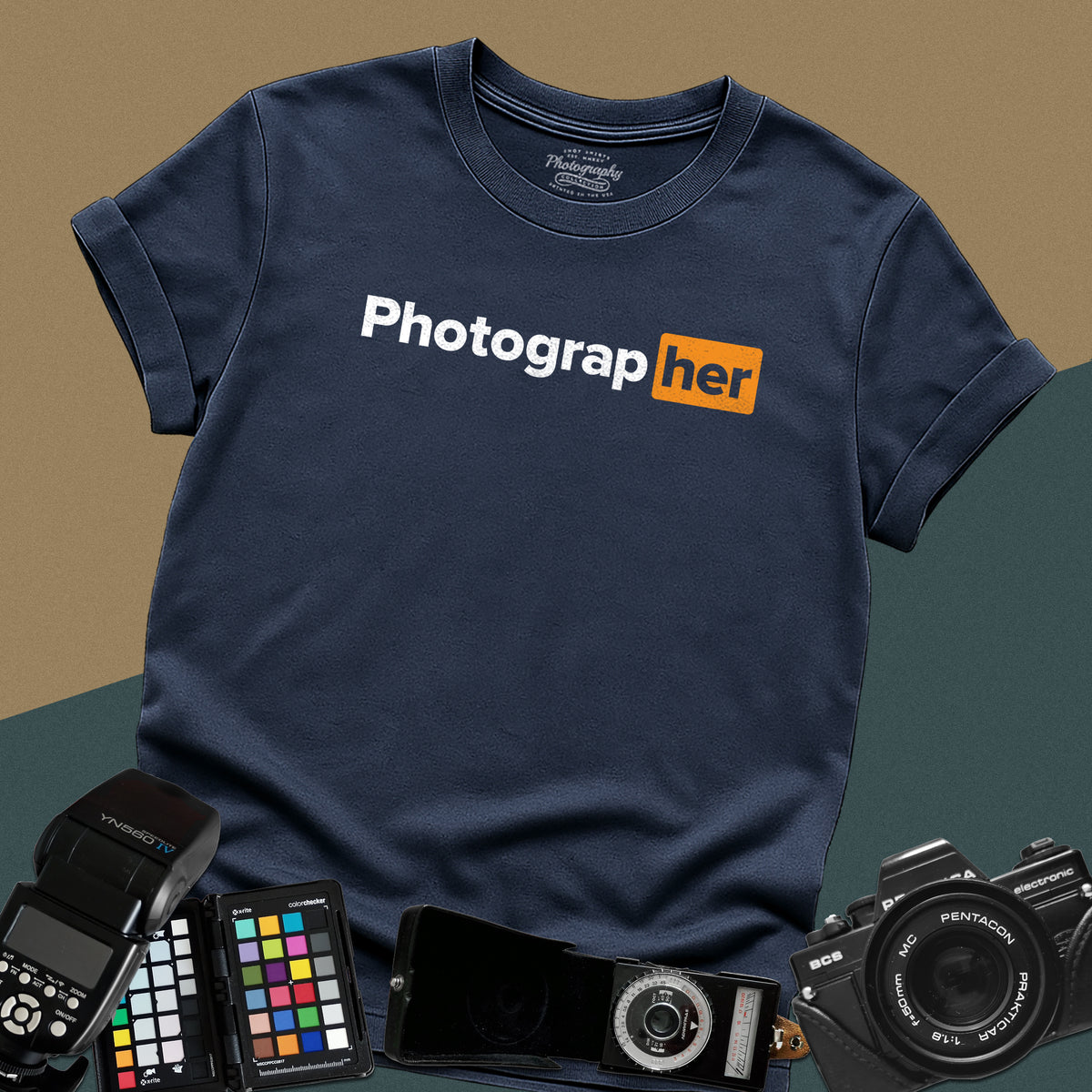 Distressed navy-blue t-shirt featuring a funny photographer typography wordplay parody inspired by a popular mature website logo layout.