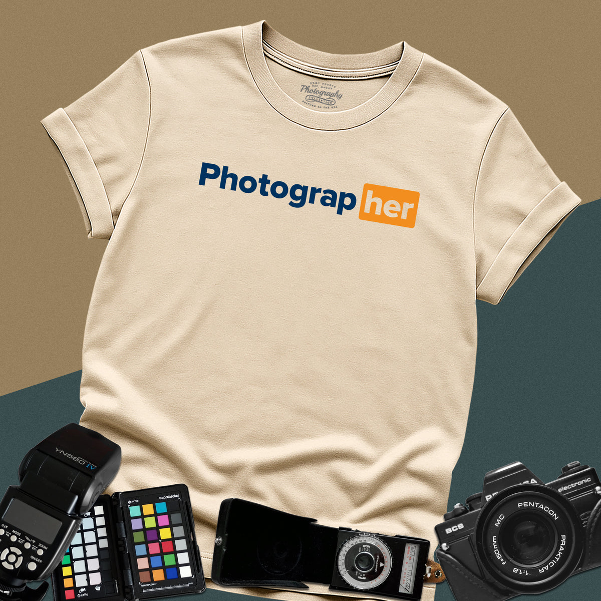 Distressed sand t-shirt featuring a funny photographer typography wordplay parody inspired by a popular mature website logo layout.