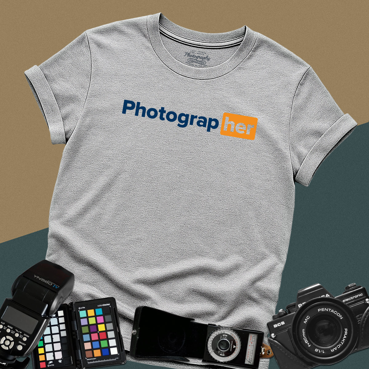 Distressed sport-grey t-shirt featuring a funny photographer typography wordplay parody inspired by a popular mature website logo layout.
