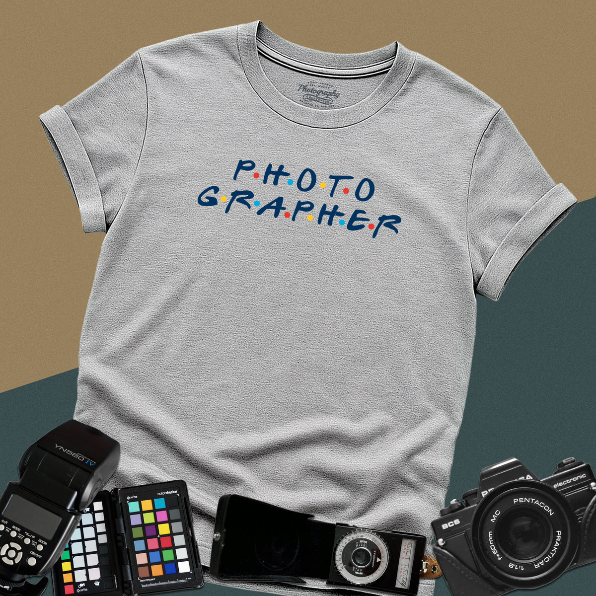 Clean sport-grey t-shirt featuring a funny photographer typography parody inspired by the classic nineties television show font with colorful dots.