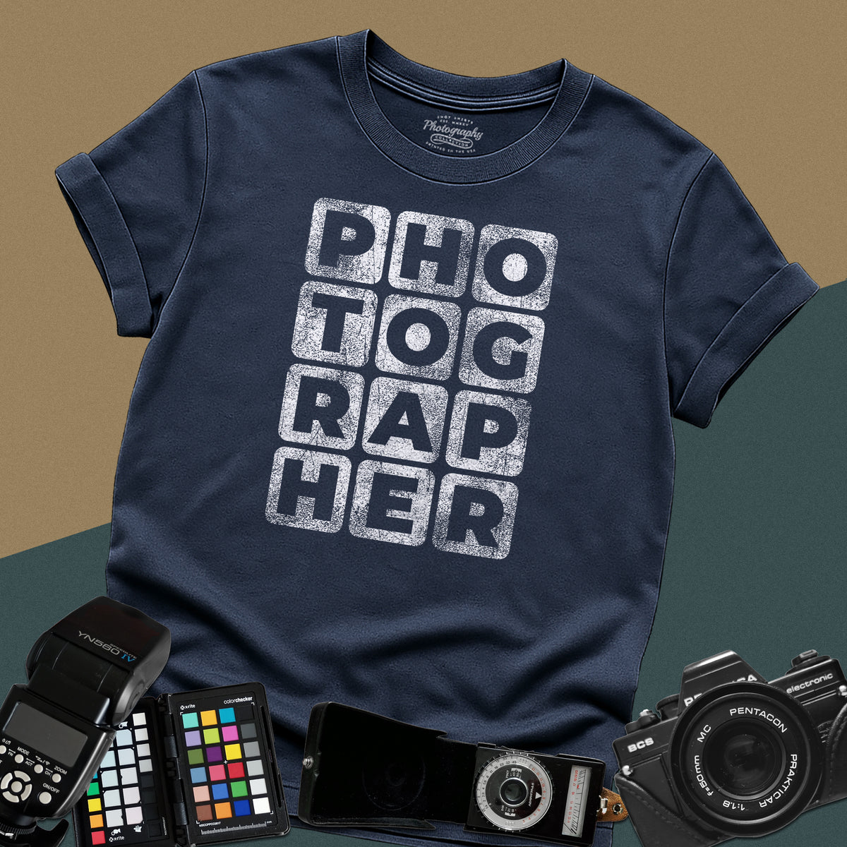 Heavy distressed navy-blue t-shirt featuring a modern geometric typography block layout spelling the word photographer with a vintage grunge texture.