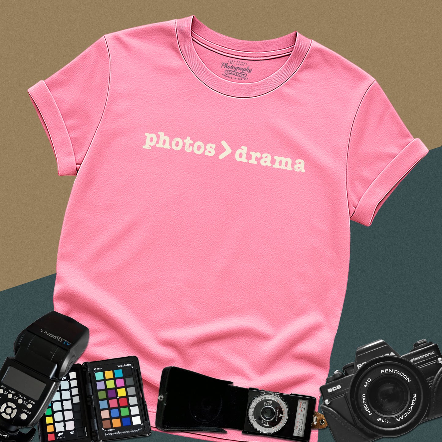 Minimalist azalea t-shirt featuring the graphic text "photos > drama" for professional studio and wedding photographers.