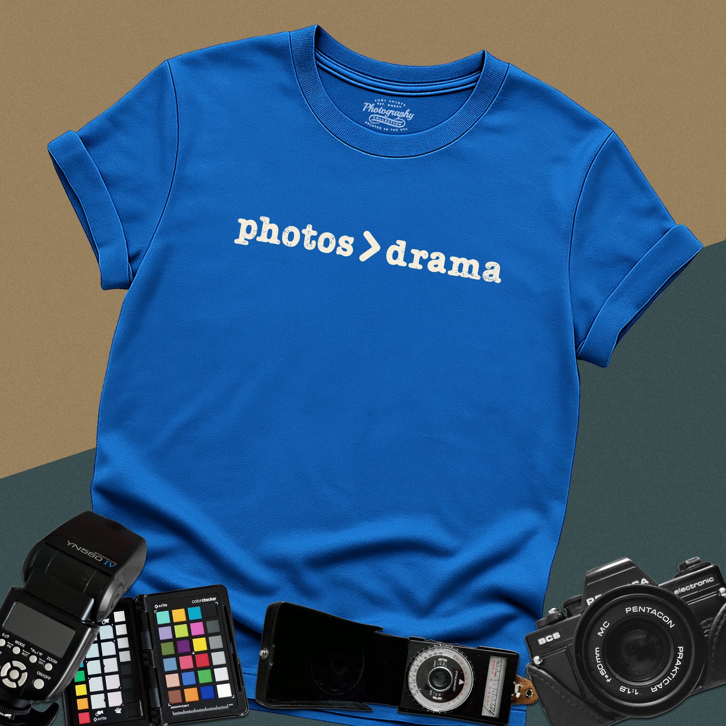 Minimalist royal blue t-shirt featuring the graphic text "photos > drama" for professional studio and wedding photographers.