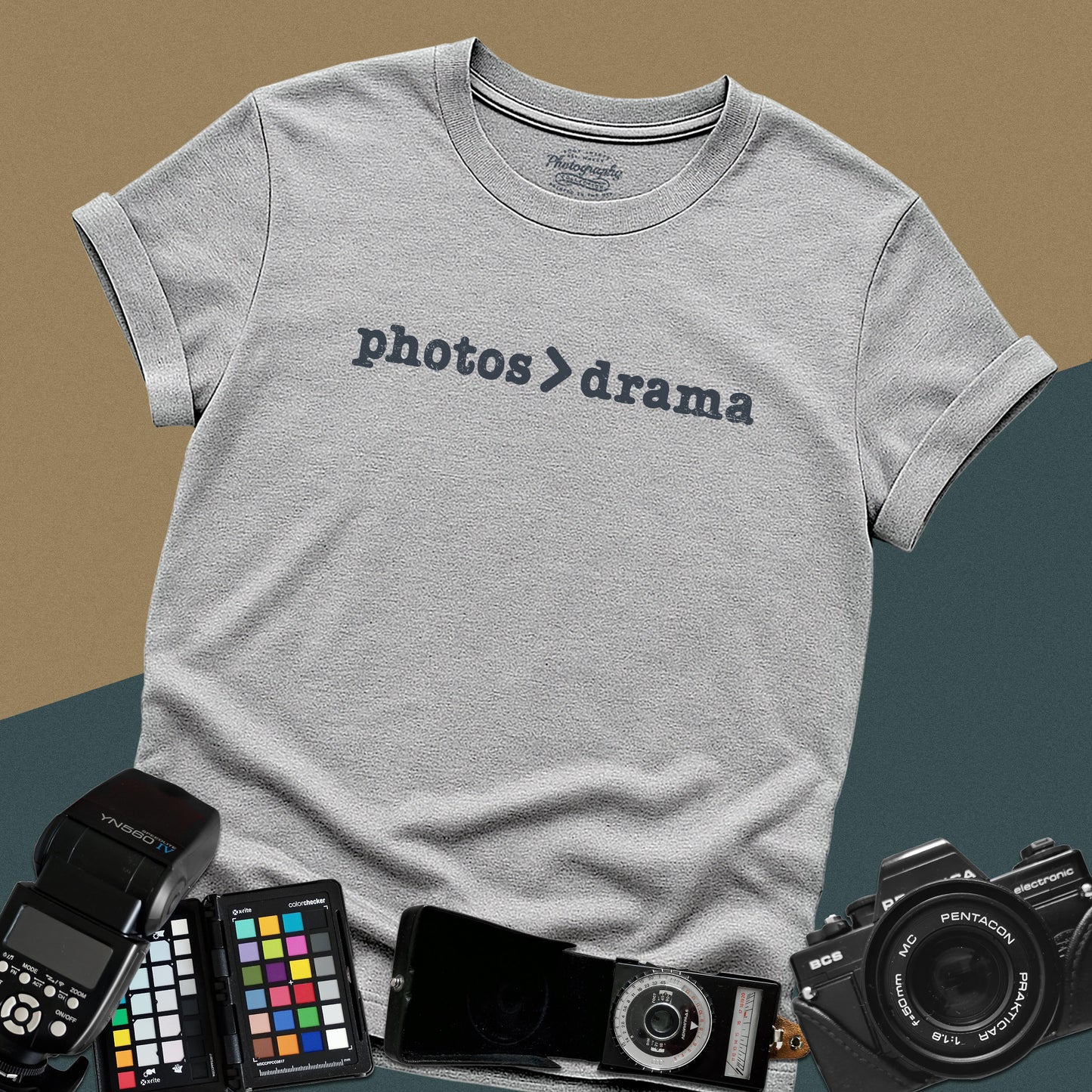 Minimalist sport grey t-shirt featuring the graphic text "photos > drama" for professional studio and wedding photographers.