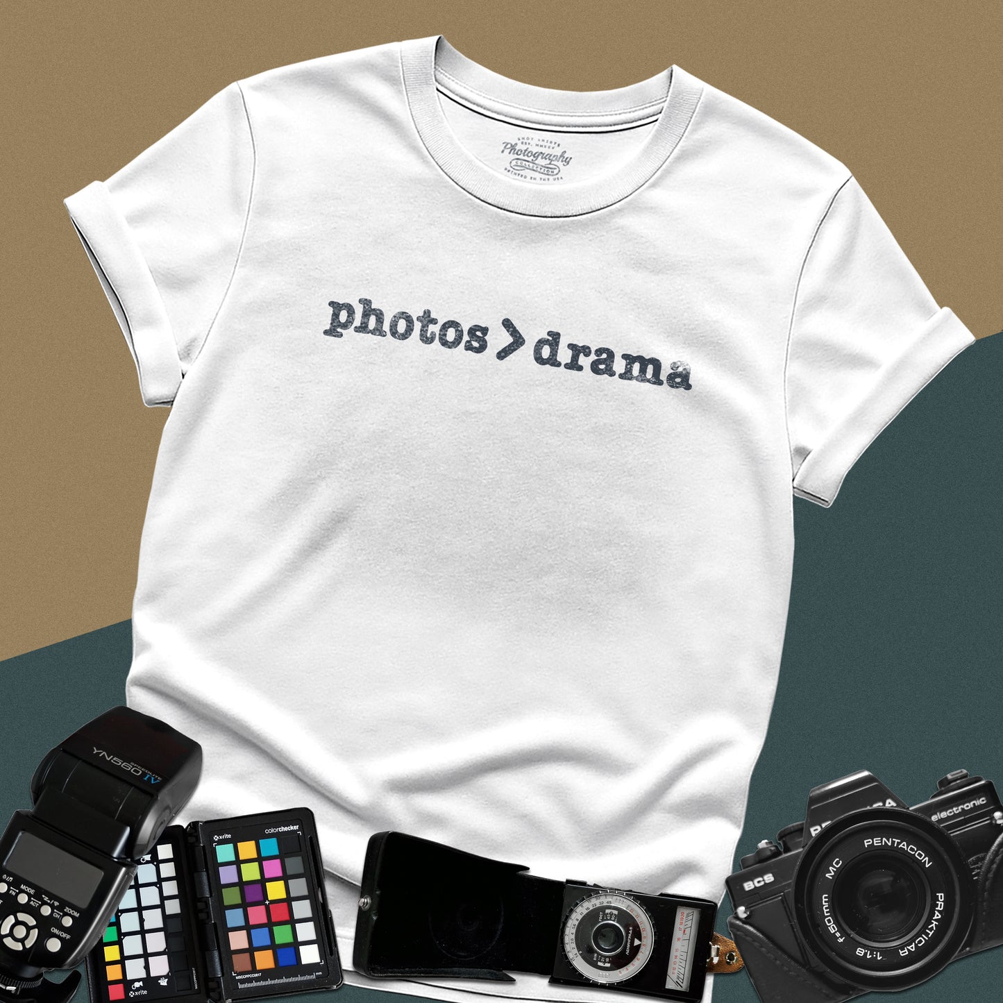 Minimalist white t-shirt featuring the graphic text "photos > drama" for professional studio and wedding photographers.