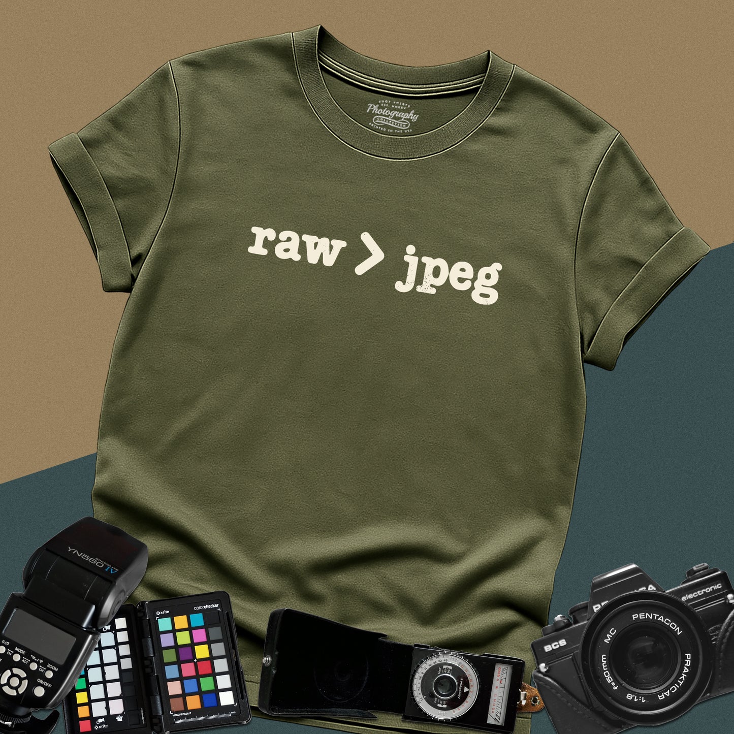 Minimalist military green t-shirt featuring the white text "raw > jpeg" for professional photographers.