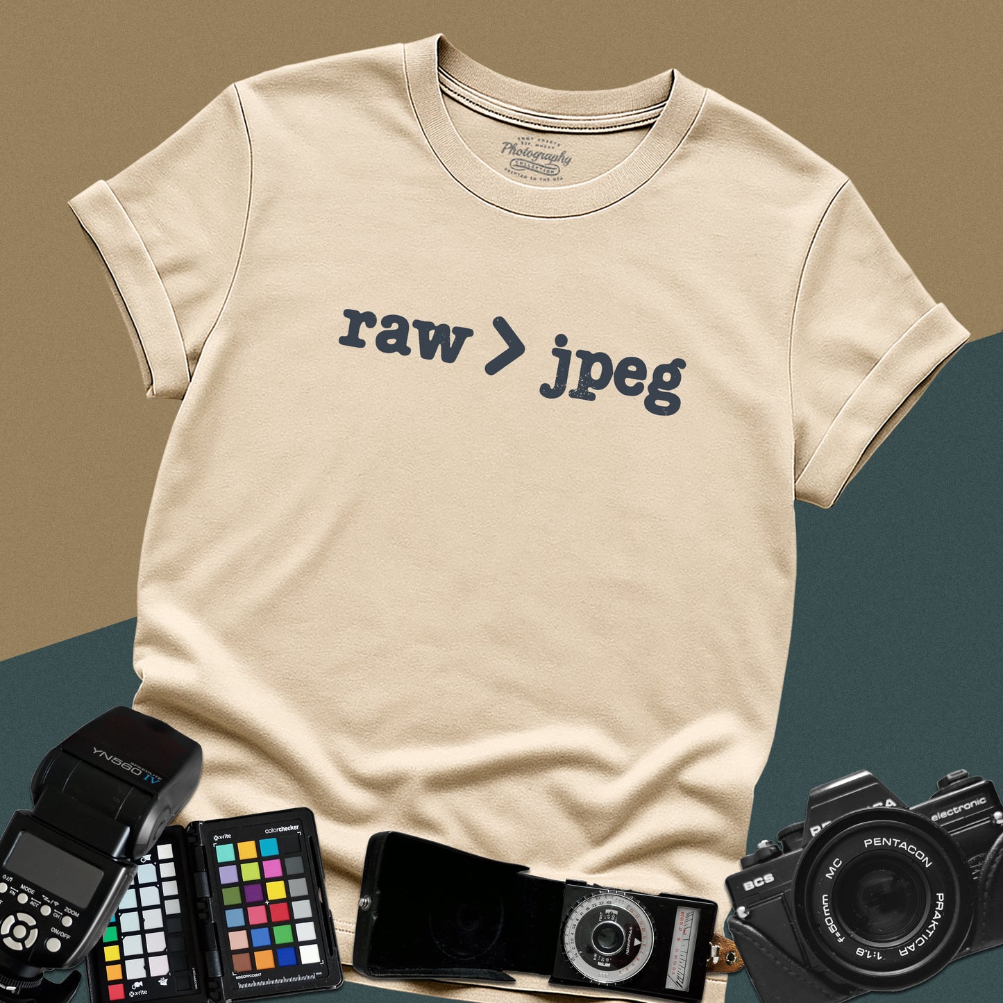 Minimalist sand t-shirt featuring the white text "raw > jpeg" for professional photographers.
