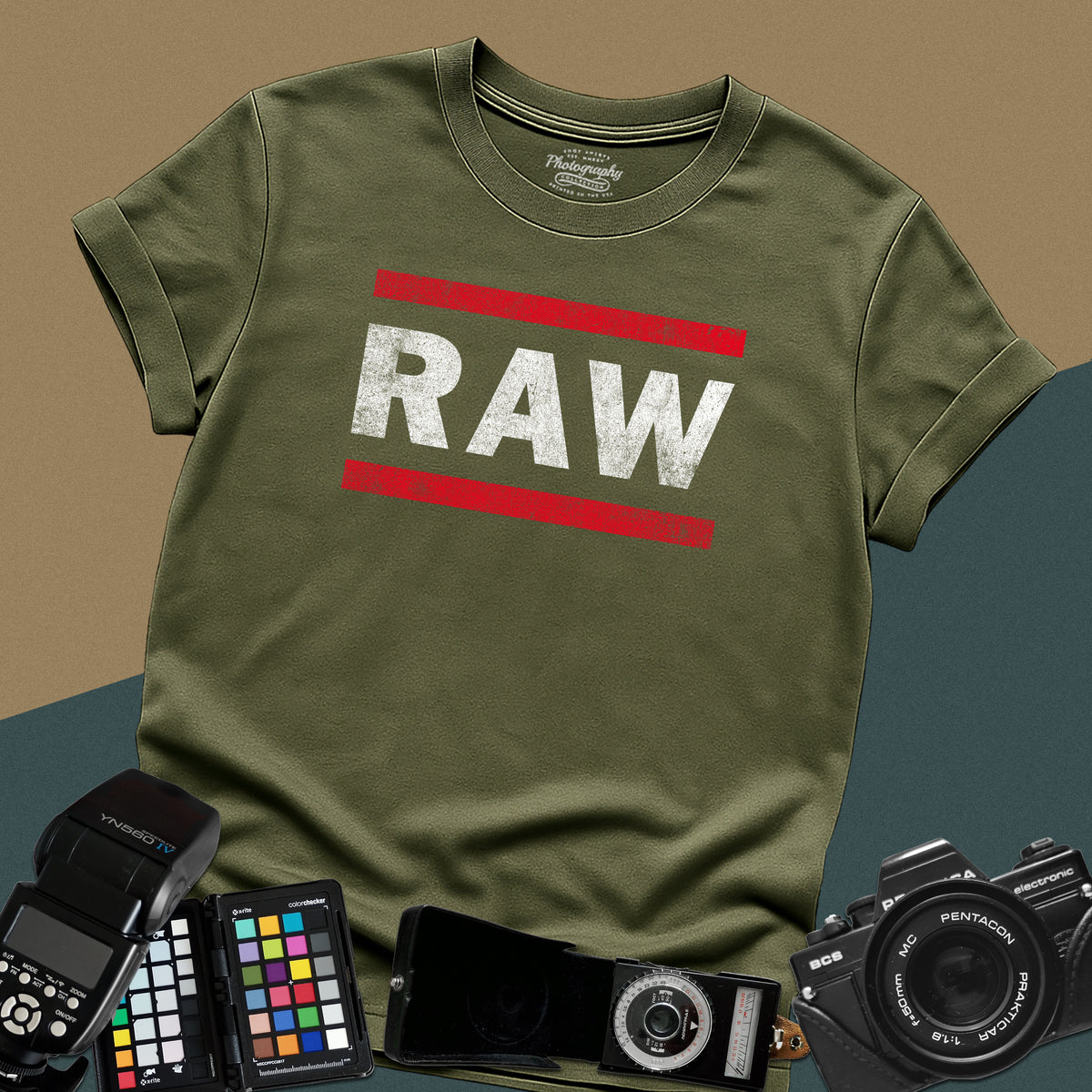 Distressed military-green t-shirt featuring a textured RAW photography file format typography design inspired by a classic retro sports entertainment wrestling show logo.
