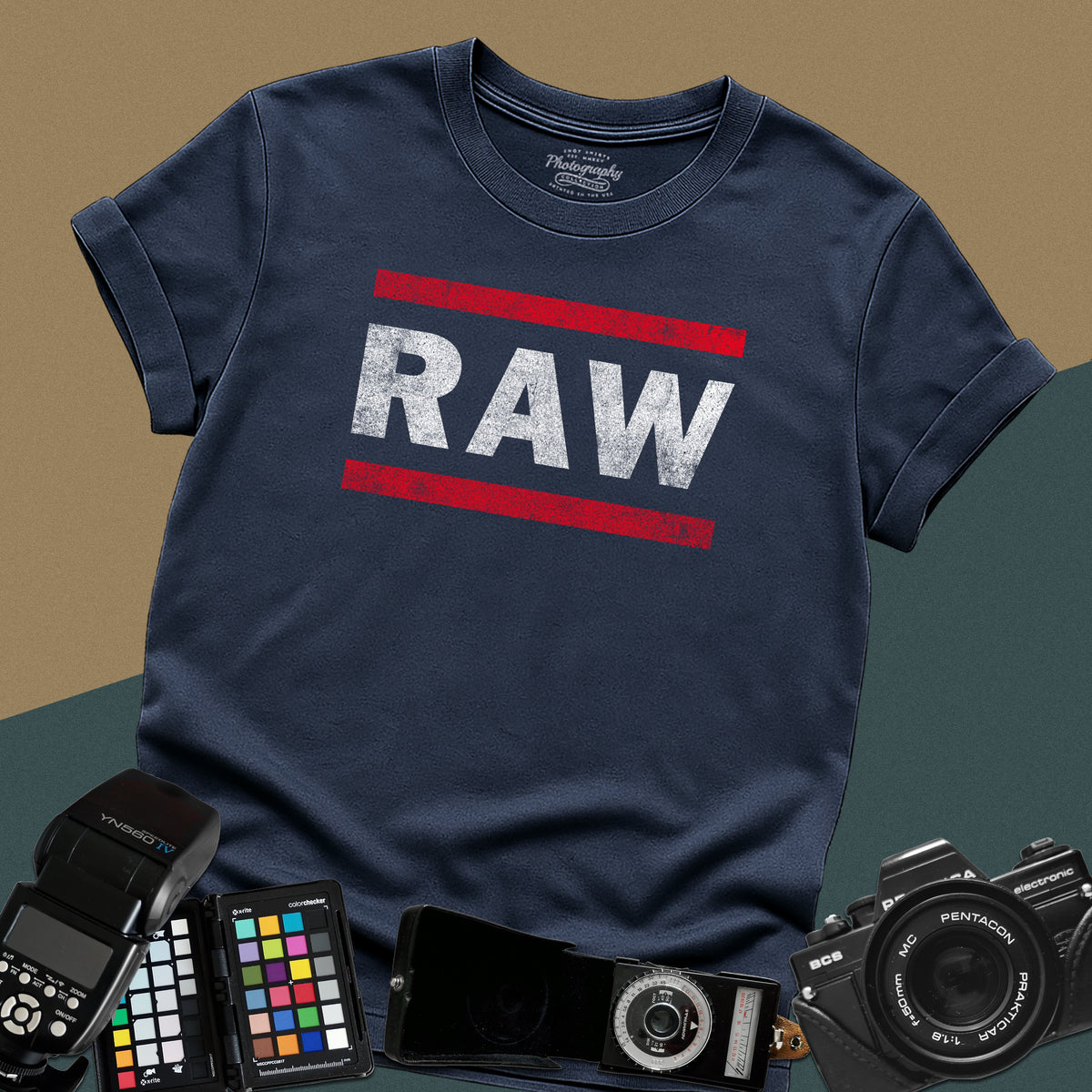 Distressed navy-blue t-shirt featuring a textured RAW photography file format typography design inspired by a classic retro sports entertainment wrestling show logo.
