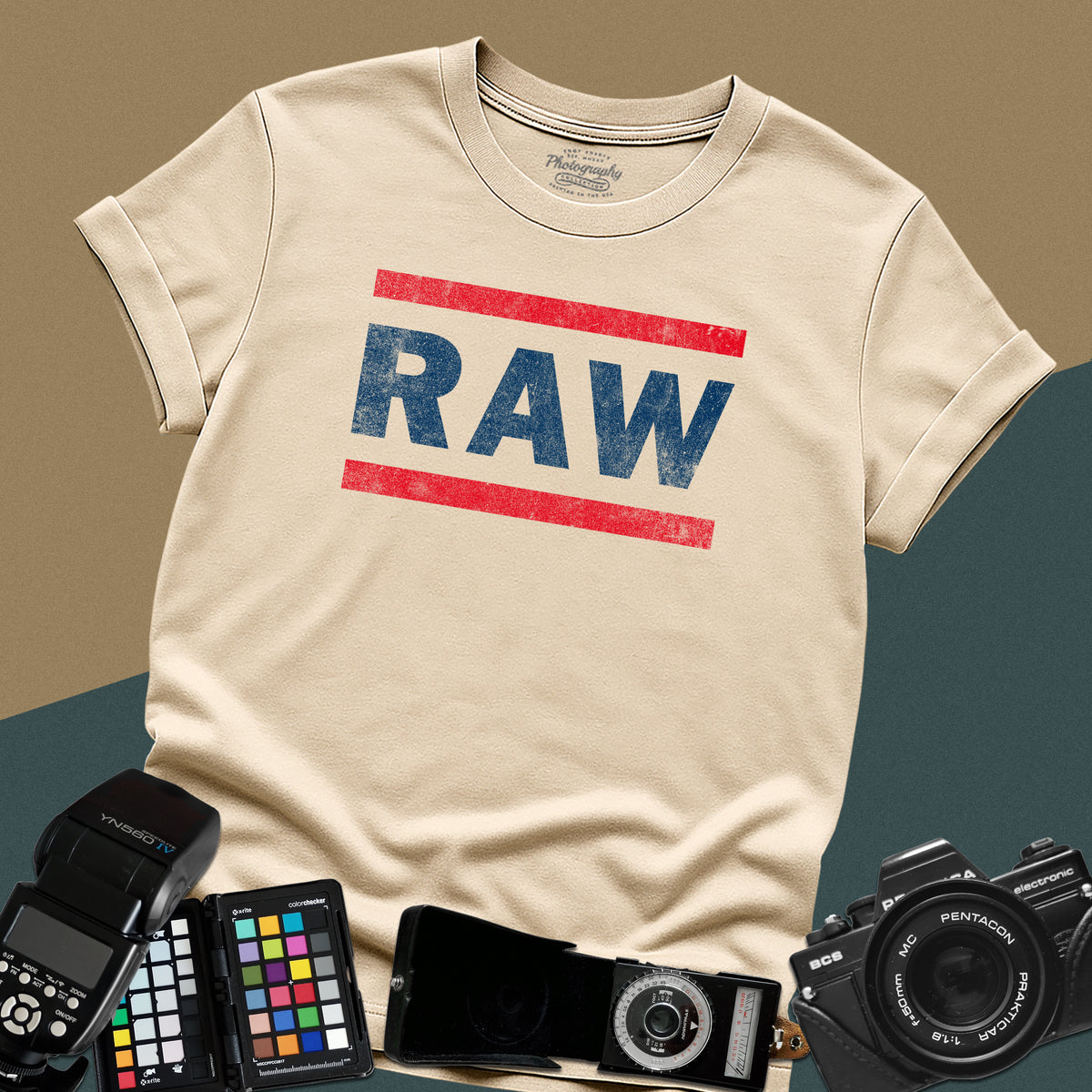 Distressed sand t-shirt featuring a textured RAW photography file format typography design inspired by a classic retro sports entertainment wrestling show logo.