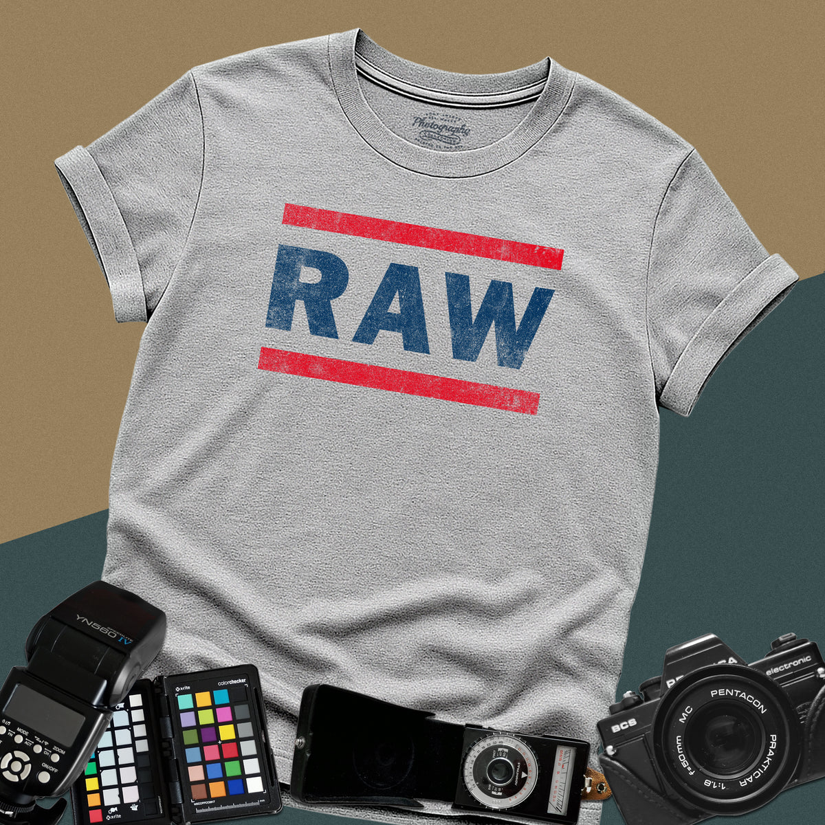 Distressed sport-grey t-shirt featuring a textured RAW photography file format typography design inspired by a classic retro sports entertainment wrestling show logo.